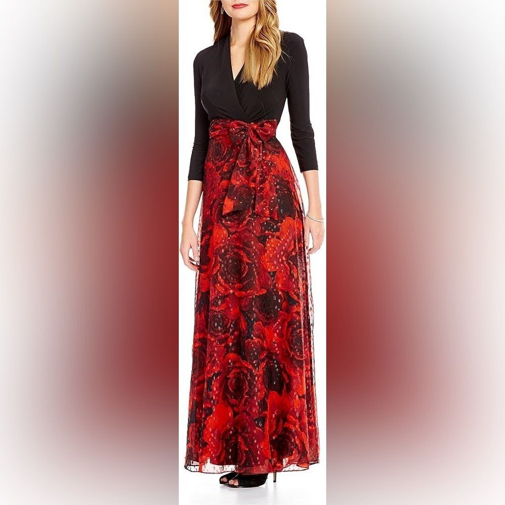 Leslie Fay Maxi Gown Dress Rose Floral Print Skirt Size 10 Vintage Elegant